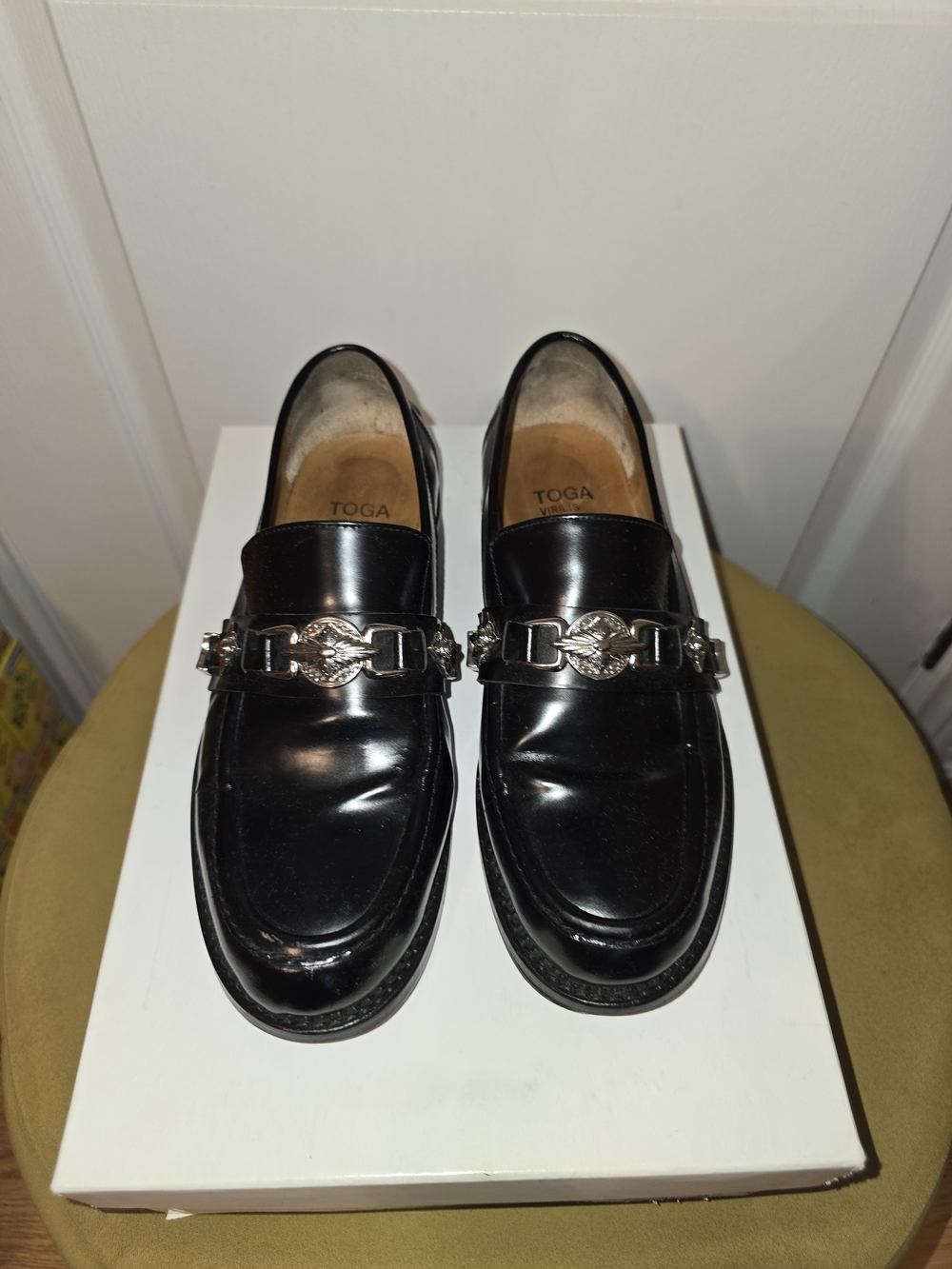 TOGA Virilis Black Patent Leather Loafers with Silver-Tone Chain Detail